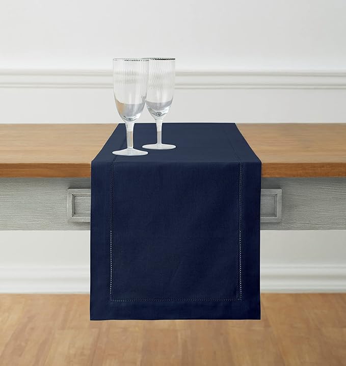 Solino Home Navy Table Runner 90 Inches Long - Cotton Linen Hemstitch 14 x 90 Inch Table Runner for Dining, Summer, Fall, Autumn