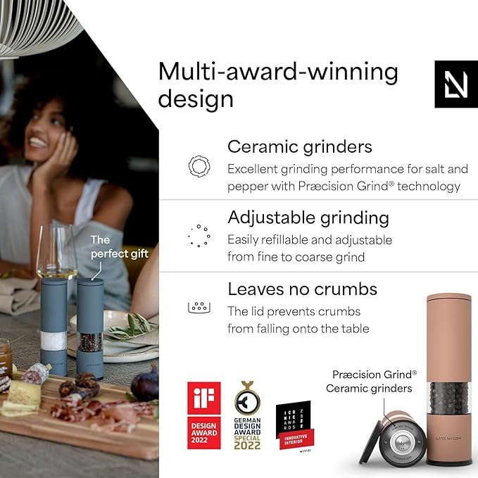 LARS NYSØM Salt and Pepper Grinder Set 2 pieces I Salt Pepper Mill with Adjustable Ceramic Grinder I Design Spice Grinder Set Manual (Blush Rose)