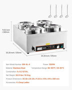 VEVOR Electric Soup Warmer, Four 6.34QT Stainless Steel Round Pot with 86~185°F Adjustable Temp, 1500W Commercial Bain Marie with Anti-Dry Burn and Reset Button, Soup Station for Restaurant, Buffet