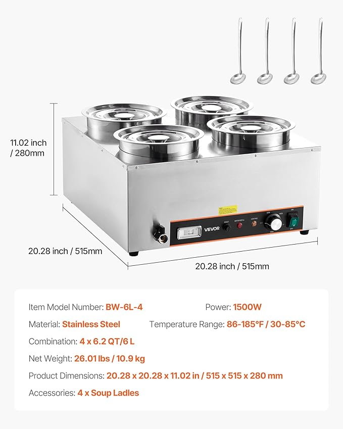 VEVOR Electric Soup Warmer, Four 6.34QT Stainless Steel Round Pot with 86~185°F Adjustable Temp, 1500W Commercial Bain Marie with Anti-Dry Burn and Reset Button, Soup Station for Restaurant, Buffet