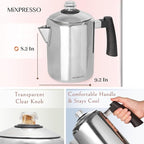 Mixpresso Stainless Steel Coffee Percolator Stovetop, 37oz Classic Percolator Coffee Pot, Great For Camping Pot, 5-8 Cup Stove Top Espresso Maker, Cool-Touch Handle