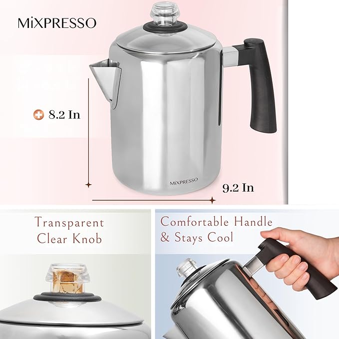 Mixpresso Stainless Steel Coffee Percolator Stovetop, 37oz Classic Percolator Coffee Pot, Great For Camping Pot, 5-8 Cup Stove Top Espresso Maker, Cool-Touch Handle