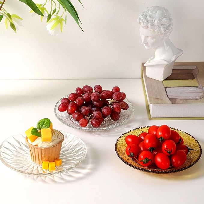 WHJY 6 Inch Clear Glass Plates 4 Pack Vintage Dinnerware Set Clear Floral Textured Dinner Plates for Home Party Wedding Crystal Glass Dishes for Fruit Salad Appetizer Dessert