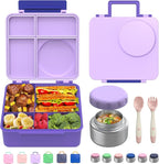 Bento Box for Kids - Leak-Proof Lunch Box with Insulated Thermos Food Jar - 4 Compartments, 1 Removable Divider, 1Spoon, 1 Fork - Dishwasher Safe, BPA-Free (Light purple)