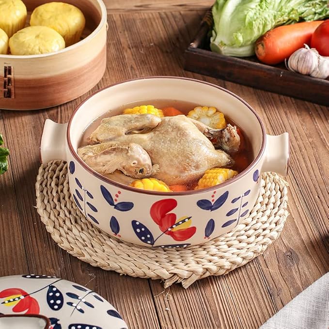 Japanese Casserole Pot with Handles for Cooking, Ceramic Casserole Clay Pot Steam Stew Pot with Steamer Basket,A,1.5L