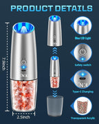 XinXu RECHARGEABLE Salt and Pepper Grinder Set,Automatic Pepper Mill,USB Rechargeable,Adjustable Coarseness,One-handed Operation,Ceramic Burr,Refillable,Auto Grinders Shakers LED Light,Sliver