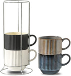 glowworm Coffee Mugs with Stand, Stackable Coffee Mugs Set of 4, Wedding Housewarming Gift, Modren Ceramic Cups for Milk, Cocoa, Microwave & Dishwasher Safe, Multicolor