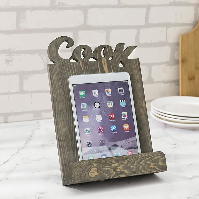 MyGift Solid Wood Countertop Cookbook Holder Tablet Book Stand with Kickstand and Decorative COOK Cutout Letters, Gray