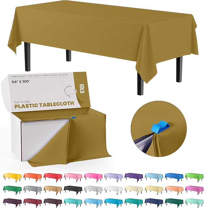 Exquisite Party Solids 54 Inch X 300 Feet Gold Plastic Table Cover Roll in A Cut - to - Size Box with Convenient Slide Cutter. Cuts Up to 36 Rectangle 8 Feet Plastic Disposable Tablecloths