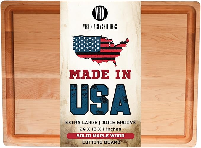 Made in USA Extra Large Solid Maple Wood Cutting Board by Virginia Boys Kitchens - Butcher Block Wooden Carving Board with Juice Groove made from Sustainable North American Hardwood (18x24)
