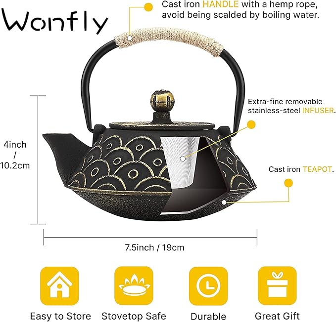 Japanese Tea Kettle Cast Iron Teapot, Teapot Infuser Strainer Set Chinese Black with Gold Wave Pattern with Stainless Steel Filter 30oz/0.9L