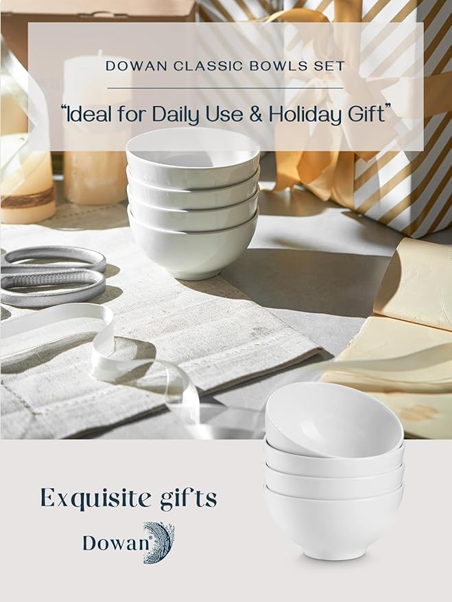 DOWAN 8.5 OZ Small Ceramic Bowls Set of 4 - White Bowls for Dessert, Dip, Side Dishes, Ice Cream, Fruit, Rice - Dishwasher & Microwave Safe (Soft White)
