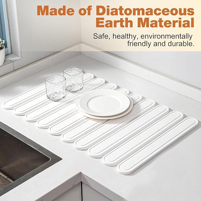 Stone Drying Mat for Kitchen Counter, Large Stone Dish Drying Mat Foldable Diatomaceous Earth Water Absorbing Mat for Dishes Bottles Cups Match Any Countertop White 24" x 16"