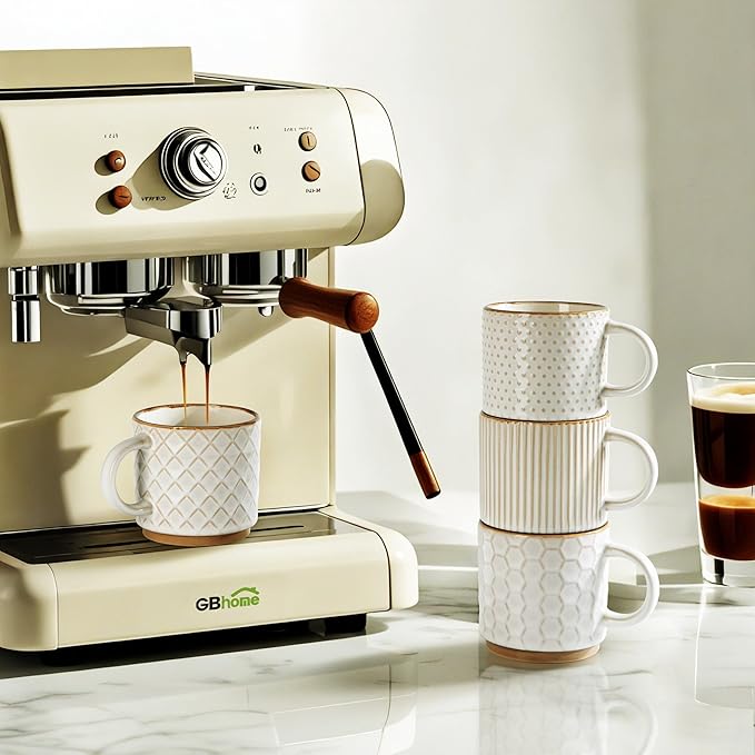 GBHOME 12OZ Stackable Coffee Mugs with Stand, Ceramic Coffee Mugs with Texture Patterns for Man,Woman,Dad,Mom, Modern Coffee Cups Set of 4 for Latte/Cappuccino/Cocoa. Dishwasher&Microwave Safe