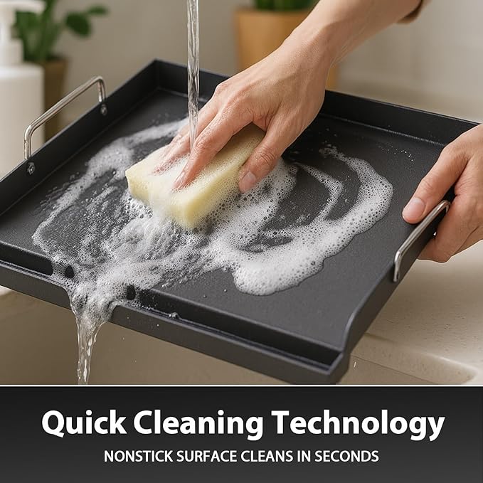 Utheer 17" x 13" Nonstick Coating Cooking Griddle for Gas Grill, Universal Griddle Flat Top Plate Insert with Grease Groove and Removable Handles for Charcoal/Gas Grills, Camping, Tailgating, Parties