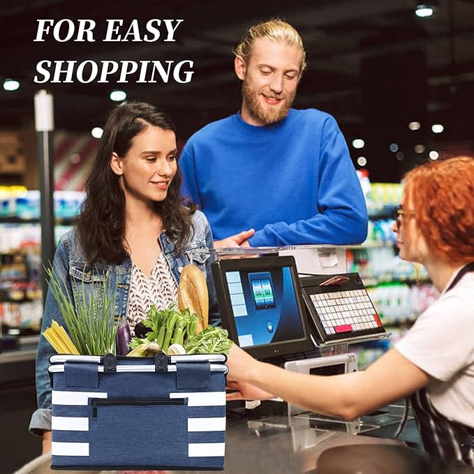 Insulated Picnic Basket,Leak-Proof Collapsible Cooler Bag,26L Grocery Basket with Lid,2 Sturdy Handles,Storage Basket for Picnic,Food Delivery,Take Outs,Market Shopping,Travel (Blue)