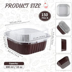 Aoriher 150 Pieces 10 oz Mini Cake Pans with Lids Aluminum Foil Baking Cups Square Disposable 4" x 4" Large Cupcake Cups Baking Tins for Kitchen Brownie Pudding Desserts Holders(Brown)