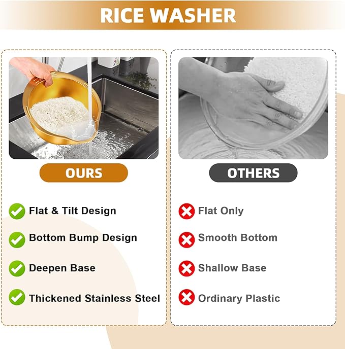KesaPlan Rice Washer Strainer Bowl, 4-in-1 Washer Bowl Stainless Steel Rice Rinser Strainer Sink Colanders With Side Drainers for Cleaning Fruits, Vegetables, and Beans, Versatile Kitchen Tool