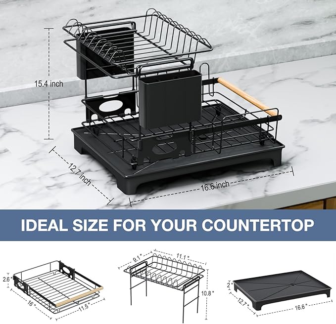 2 Tier Dish Drying Rack, Large-Capacity Dish Rack for Kitchen Counter, Anti-Rust Dish Strainer Rack with Drainboard Set, Kitchen Organizer with Cup Holder, Utensil Holder, Cutting-Board Holder