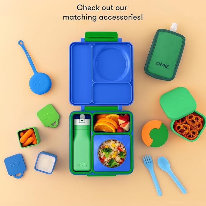 OmieBox Bento Box for Kids - Insulated Bento Lunch Box with Leak Proof Vacuum Insulated Food Jar - 3 Compartments, Two Temperature Zones (Monster Blue)