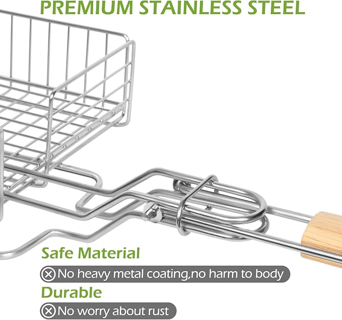 DOUBLE TWO - Stainless Steel Grill Basket, Grilling Baskets for Outdoor Grill, for Meat, Fish, Vegetable, BBQ Accessory, With Height Adjustable Cover & Detachable Handle, Easy to use, 1Pcs