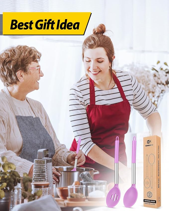 Pack of 2 Large Silicone Cooking Spoons,Non Stick Solid Basting Spoon,Heat-Resistant Kitchen Utensils for Mixing,Serving,Draining,Stirring (PURPLE)