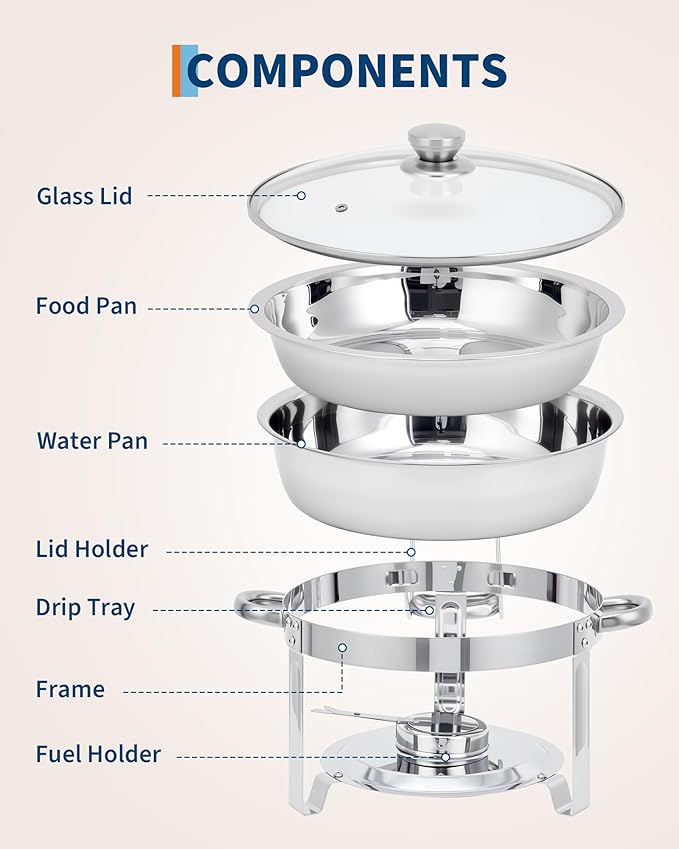 Garvee Chafing Dishes for Buffet Set of 2, 5 QT Round Buffet Servers and Food Warmer Set with Glass Lid, Holder & Drip Tray, Stainless Steel Chafers for Catering Parties Wedding Banquet, Silver