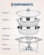 Garvee Chafing Dishes for Buffet Set of 2, 5 QT Round Buffet Servers and Food Warmer Set with Glass Lid, Holder & Drip Tray, Stainless Steel Chafers for Catering Parties Wedding Banquet, Silver