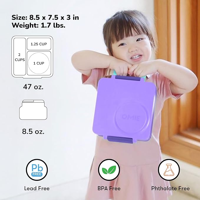 OmieBox Bento Box for Kids - Insulated Bento Lunch Box with Leak Proof Vacuum Insulated Food Jar - 3 Compartments, Two Temperature Zones (Purple Plum)