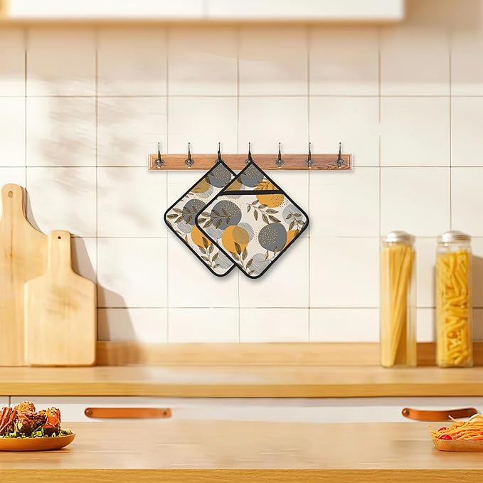 Boho Leaves Pot Holders Set of 2 Heat Resistant Potholders,Stripes and Dots Fire Oven Hot Pads for Kitchen Cooking Baking Barbecue