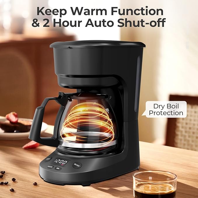 5-Cup Programmable Coffee Maker with 24h Timer, Small Drip Coffee Machine with Auto Shut-off, 2h Keep Warm, BPA-free Glass Carafe Coffee Pot, Delay Brew, 25oz Water Tank, Compact for Home/RV/Dorm