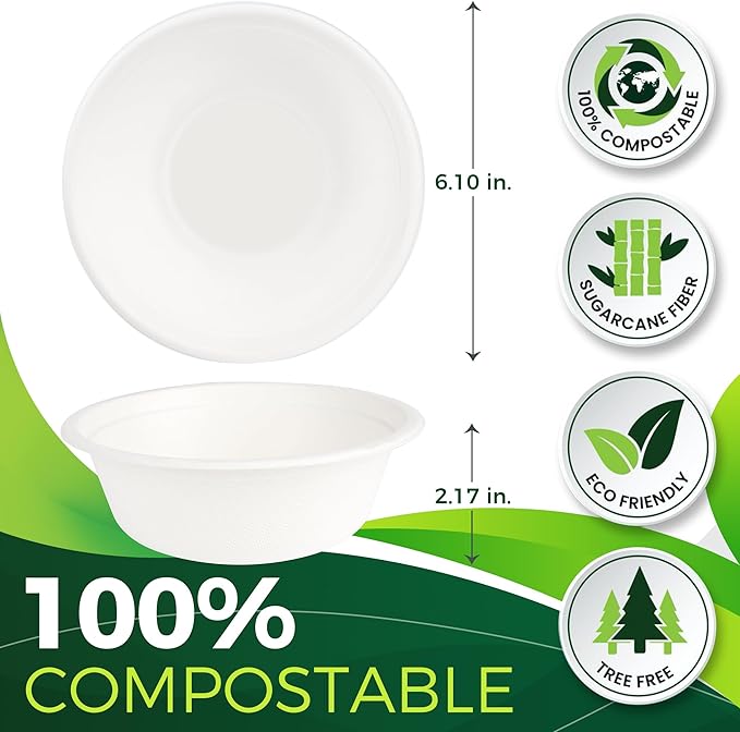 Paper Bowls 16 oz [150-Pack], Heavy Duty Disposable Bowls Perfect for Hot Soup and Milk Cereals, 100% Compostable and Eco-Friendly Made from Bagasse
