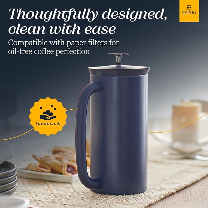 ESPRO P7 French Press Coffee Maker - Double-Walled Stainless Steel Insulated with Micro-Filter, 18 Ounces, Agean Blue