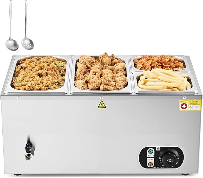WILPREP Commercial Food Warmer with Two 1/3 & Two 1/6 Pans, 1500W Countertop Electric Warmer, 86-185°F Adjustable Temp Control, Stainless Steel Buffet Bain Marie