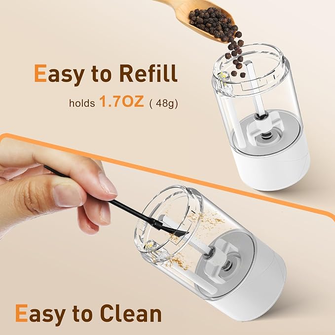 Electric Salt and Pepper Grinder Set, Rechargeable Automatic Pepper Mill Grinder with LED Light, Adjustable Coarseness shakers, One-Hand Operation for Kitchen(2 Pack, Upgrade White+White)