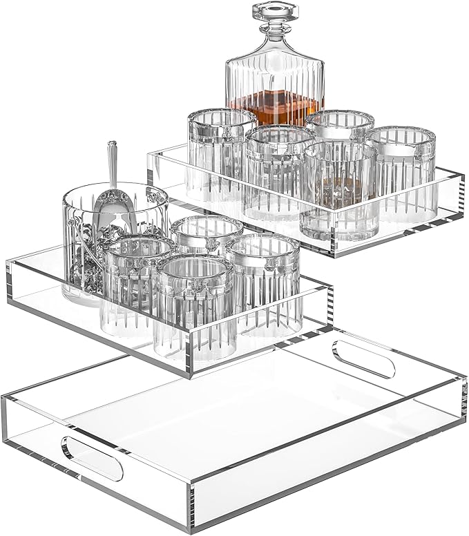 Acrylic Serving Tray Set of 3-16x12 & 7.7x11.4 Inch Clear Luxury Trays for Kitchen, Dining, Bathroom Organizer - Non-Slip, Scratch-Resistant, Spill-Proof Design - Ideal Gift for Housewarming, Parties