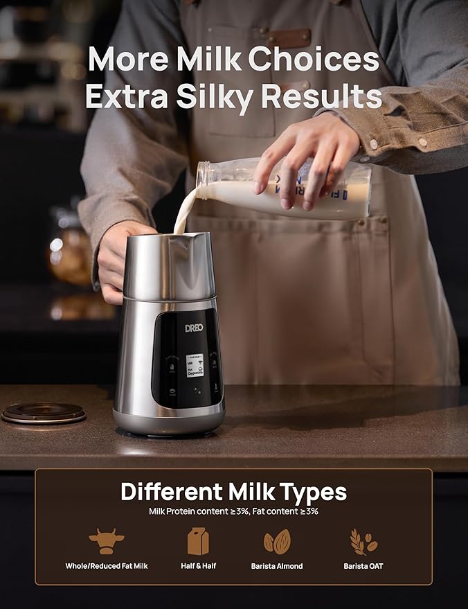 Dreo Milk Frother [Upgraded], All-in-1 Electric Foam Maker for Coffee, 15oz/450ml Automatic Foam Frother for Latte Art-level Microfoam, 30+ Drinks, Easy to Clean, Dishwasher Safe, LED display
