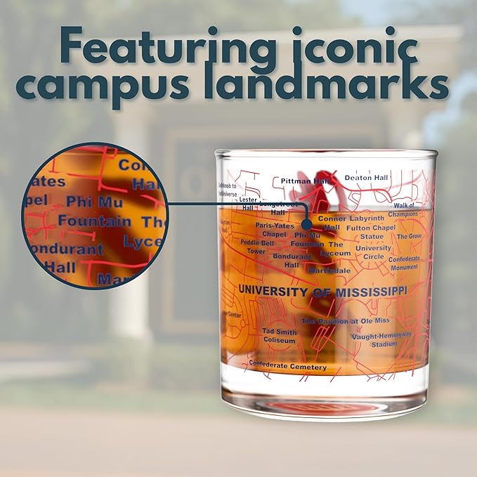 Greenline Goods – University of Mississippi Rebels College Whiskey Glasses (Set of 2), 10 oz – Full-Color Logo + Campus Map