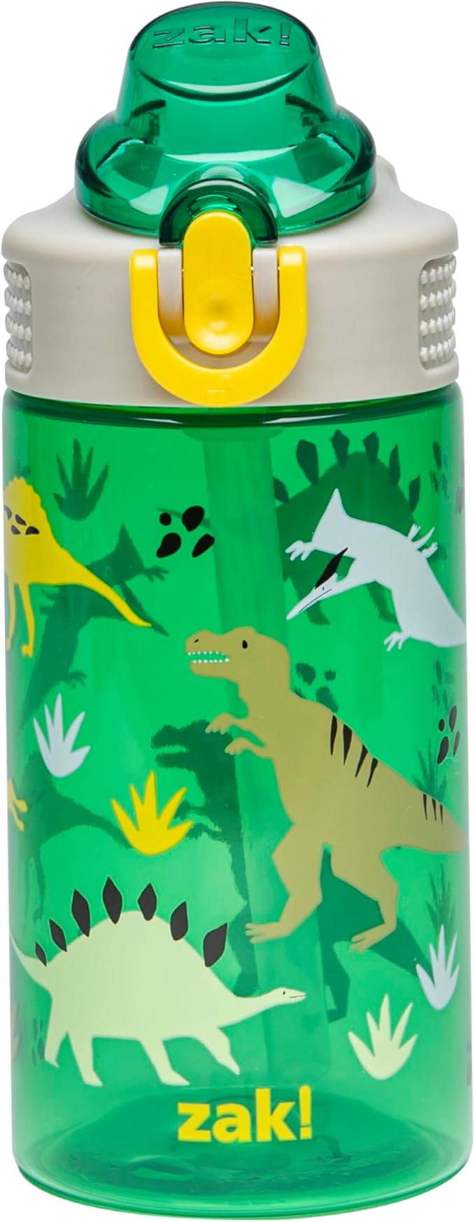 Zak Designs Sage Kids Water Bottle For School, Travel or At Home, 16oz Durable Plastic Water Bottle With Straw, Handle, and Leak-Proof, Pop-Up Spout Cover (Dino)