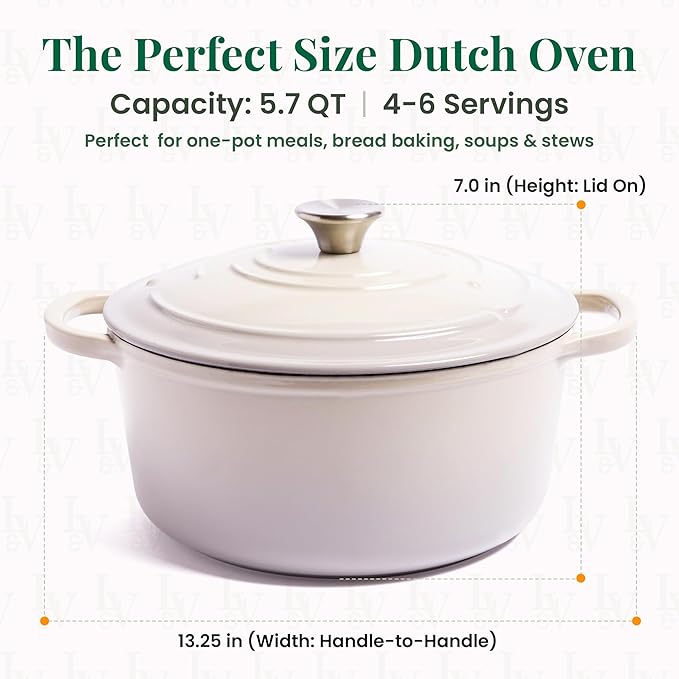 Larder & Vine Enameled Cast Iron 5.7 qt Dutch Oven Pot with Lid | Dutch Oven | Compatible on All Cooktops & Oven Safe to 500° F | Great for Sourdough Bread | Stone
