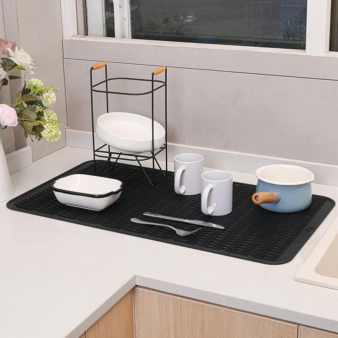 Silicone Dish Drying Mat for Multiple Usage,Easy clean,Eco-friendly,Heat-resistant Silicone Mat for Kitchen Counter or Sink,Refrigerator or Drawer Liner Black 4XL 32 inches x 18 inches