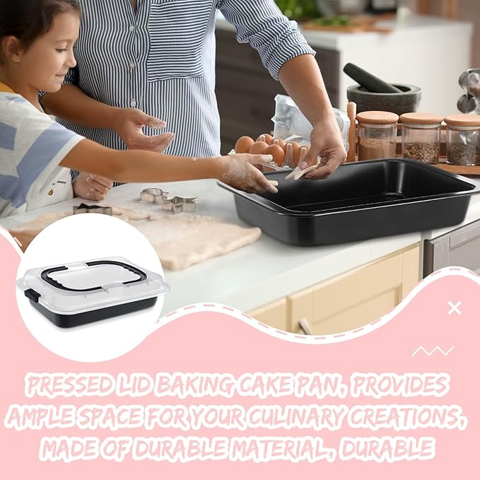 4 Pcs Cake Baking Pan with Lid and Handle, 9 x 13 Inch Non-stick Rectangle Sheet Cake Pan Carrier for Brownie Roasting Cooking Baking (Black Gray)