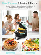 FOHERE 2-in-1 Waffle Maker & Omelette Maker, 1400W Double Belgian Waffle Iron 180° Flip, Adjustable Browning Control, Rotating & Nonstick Pans, Removable Drip Tray, Cool Touch Handle (Mint Green)