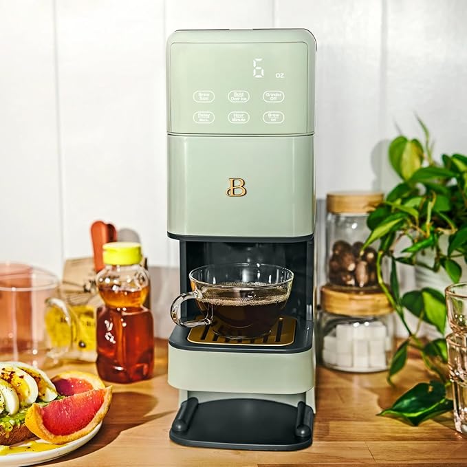 Beautiful Perfect Grind Programmable Single Serve Coffee Maker with Touch-activated Display, Programmable and Integrated Burr Grinder, 64oz Water Reservoir (Sage Green)