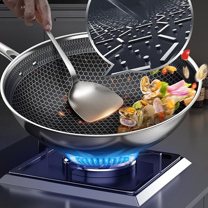 14" Honeycomb Non Stick Wok Pan Stainless Steel Stir-fry Wok with Lid,Skillet with Stay-cool Handle PFOA Free Suitable for Induction, Ceramic, Electric, and Gas Cooktops (Sliver, 14 Inches)
