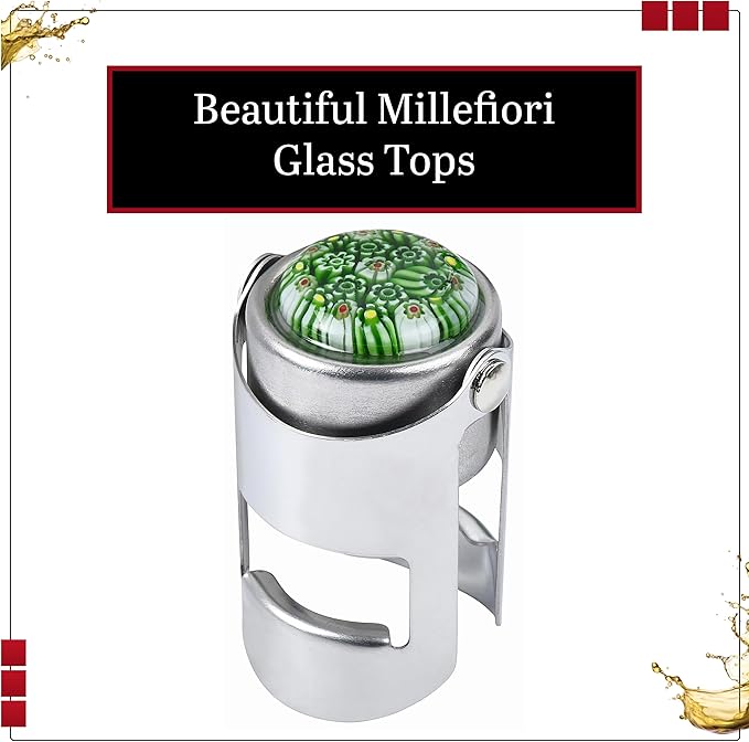 Millefiori Glass Champagne Stopper – With an Airtight Seal Protects Sparkling Wine, Prosecco, and Cava CO2 & Taste – Hanging Box for Champagne Gifts by Evan James Designs, Dark Green