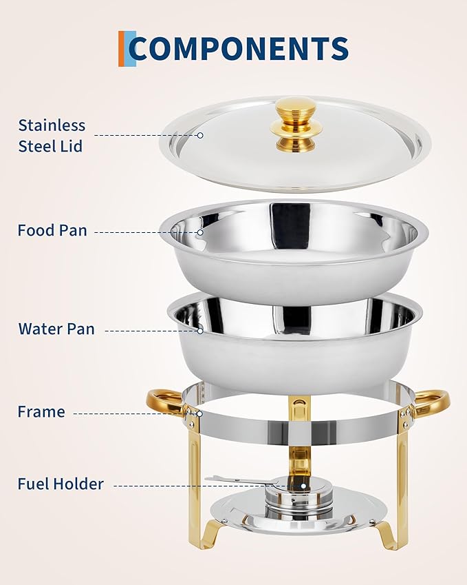 Garvee 4 Pack Chafing Dishes for Buffet, 5 QT Round Buffet Servers and Food Warmer Set with Lid, Stainless Steel Chafers for Catering Parties Wedding Banquet, Gold