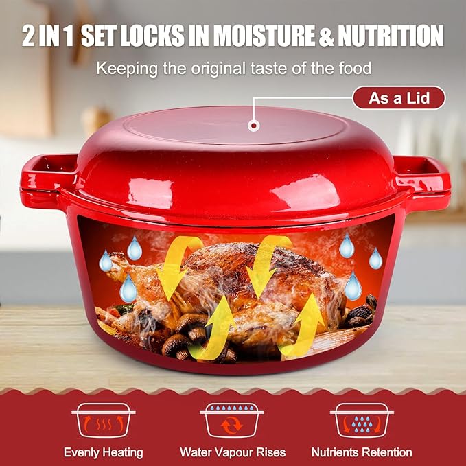 P&P CHEF 5Qt Dutch Oven Pot for Bread Baking (Red), 2 In 1 Round Cast Iron Dutch Oven with Lid Set, Skillet & Pot for Roasting Braising Stewing Frying Simmering, Multi Stoves & Oven Safe