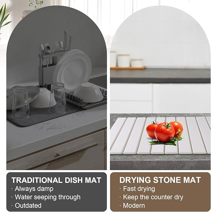 Large Stone Dish Drying Mat for Kitchen Counter – Foldable, Quick Dry, Ultra Absorbent Diatomaceous Earth Mat for Dishes, Bottles, Cups, Countertops & Bathroom, 24"×16" (White)