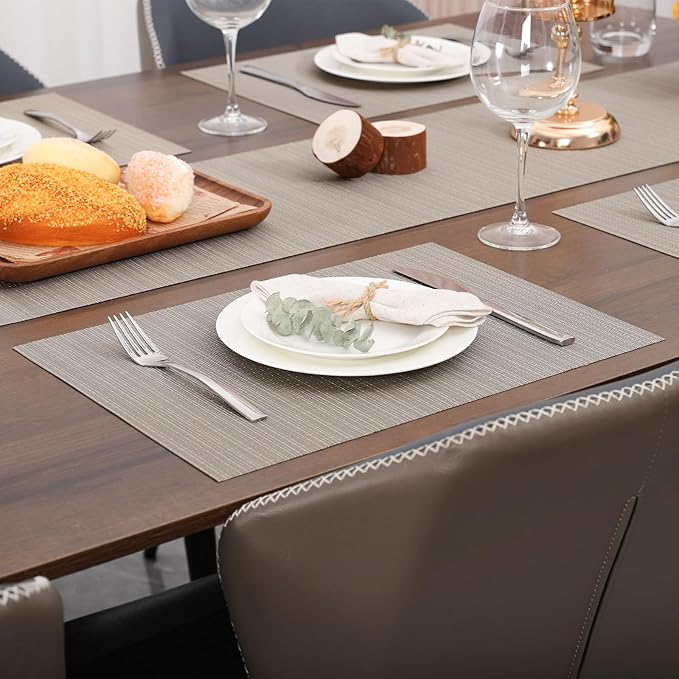 Myir JUN Placemats Set of 8, Vinyl Woven Placemats Place Mats Indoor Set of 8 Washable Table Mats Non-Slip Place mats for Dining Table (Golden Silver, Set of 8)